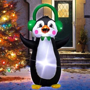 drofely 4 foot christmas inflatable penguin with headphones indoor outdoor decoration christmas yard blow up -wm-07