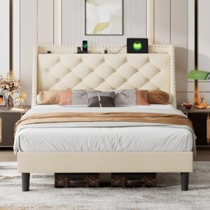 ipormis queen bed frame with deluxe wingback & 2 usb ports, button tufted storage headboard, solid wood slats support, no box spring needed, beige