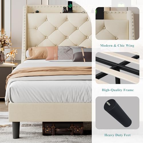 iPormis Queen Bed Frame with Deluxe Wingback & 2 USB Ports, Button Tufted Storage Headboard, Solid Wood Slats Support, No Box Spring Needed, Beige