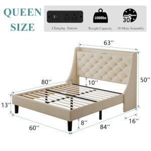iPormis Queen Bed Frame with Deluxe Wingback & 2 USB Ports, Button Tufted Storage Headboard, Solid Wood Slats Support, No Box Spring Needed, Beige
