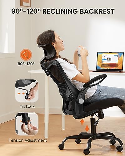 ErGear Office Chair, Desk Chair with Flip-Up Armrests, Ergonomic Office Chair with 2'' Adjustable Lumbar Support & Headrest, High Back Computer Chair Mesh Office Chair with Wheels for Home Office