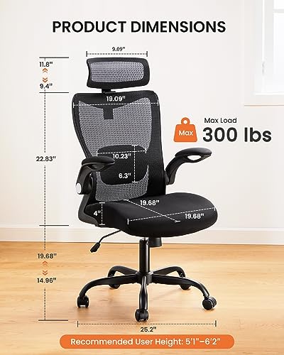 ErGear Office Chair, Desk Chair with Flip-Up Armrests, Ergonomic Office Chair with 2'' Adjustable Lumbar Support & Headrest, High Back Computer Chair Mesh Office Chair with Wheels for Home Office