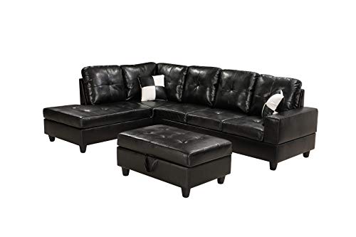 OPTOUGH Faux Leather Sectional Right Facing Sofa,3Pcs Living Room Furniture Set L-Shape Couch with Chaise Lounge, w/Storage Ottoman and Pillows,Comfortable,Black