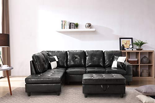 OPTOUGH Faux Leather Sectional Right Facing Sofa,3Pcs Living Room Furniture Set L-Shape Couch with Chaise Lounge, w/Storage Ottoman and Pillows,Comfortable,Black
