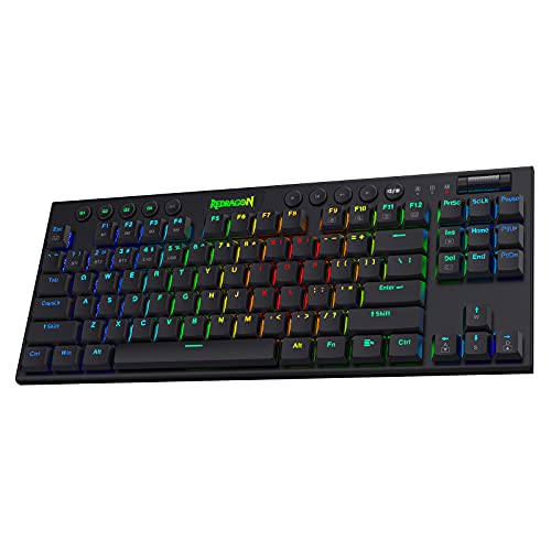 Redragon K621 Horus TKL Wireless RGB Mechanical Keyboard, 5.0 BT/2.4 Ghz/Wired Three Modes 80% Ultra-Thin Low Profile Bluetooth Keyboard w/Dedicated Media Control & Clicky Blue Switches, Black