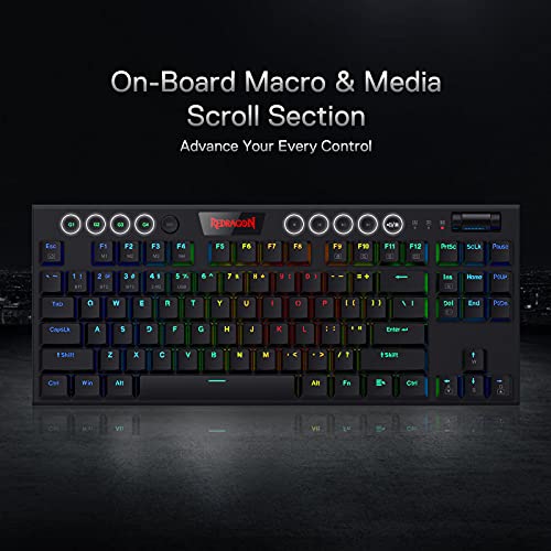 Redragon K621 Horus TKL Wireless RGB Mechanical Keyboard, 5.0 BT/2.4 Ghz/Wired Three Modes 80% Ultra-Thin Low Profile Bluetooth Keyboard w/Dedicated Media Control & Clicky Blue Switches, Black