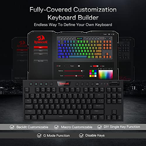 Redragon K621 Horus TKL Wireless RGB Mechanical Keyboard, 5.0 BT/2.4 Ghz/Wired Three Modes 80% Ultra-Thin Low Profile Bluetooth Keyboard w/Dedicated Media Control & Clicky Blue Switches, Black