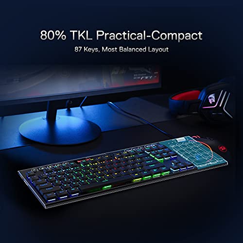 Redragon K621 Horus TKL Wireless RGB Mechanical Keyboard, 5.0 BT/2.4 Ghz/Wired Three Modes 80% Ultra-Thin Low Profile Bluetooth Keyboard w/Dedicated Media Control & Clicky Blue Switches, Black