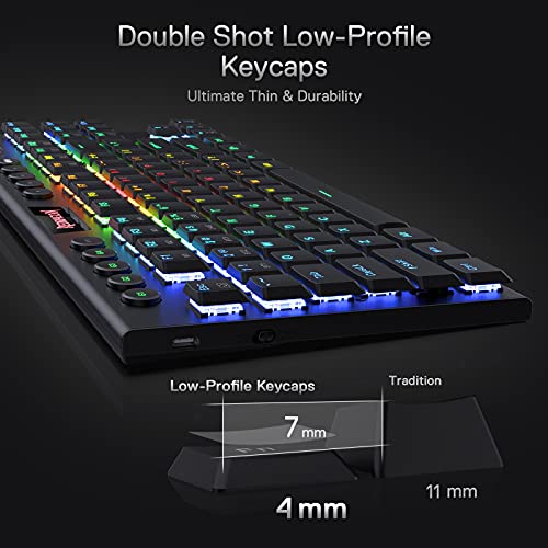 Redragon K621 Horus TKL Wireless RGB Mechanical Keyboard, 5.0 BT/2.4 Ghz/Wired Three Modes 80% Ultra-Thin Low Profile Bluetooth Keyboard w/Dedicated Media Control & Clicky Blue Switches, Black