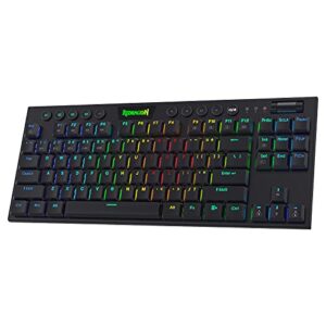 Redragon K621 Horus TKL Wireless RGB Mechanical Keyboard, 5.0 BT/2.4 Ghz/Wired Three Modes 80% Ultra-Thin Low Profile Bluetooth Keyboard w/Dedicated Media Control & Clicky Blue Switches, Black