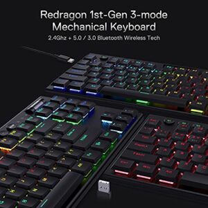 Redragon K621 Horus TKL Wireless RGB Mechanical Keyboard, 5.0 BT/2.4 Ghz/Wired Three Modes 80% Ultra-Thin Low Profile Bluetooth Keyboard w/Dedicated Media Control & Clicky Blue Switches, Black