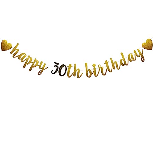 Happy 30th Birthday Banner, Pre-Strung,Gold and Black Glitter Paper Garlands Banner for 30th Birthday Party Decorations Supplies, Letters Gold and Black,Betteryanzi