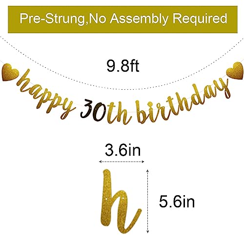 Happy 30th Birthday Banner, Pre-Strung,Gold and Black Glitter Paper Garlands Banner for 30th Birthday Party Decorations Supplies, Letters Gold and Black,Betteryanzi