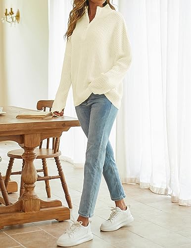 MEROKEETY Women's 2023 Long Sleeve Chunky Knit Sweaters 1/4 Zip Polo V Neck Casual Pullover Tops,Beige,M