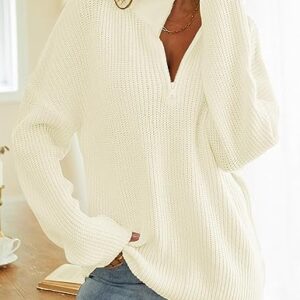 MEROKEETY Women's 2023 Long Sleeve Chunky Knit Sweaters 1/4 Zip Polo V Neck Casual Pullover Tops,Beige,M