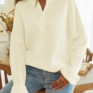 MEROKEETY Women's 2023 Long Sleeve Chunky Knit Sweaters 1/4 Zip Polo V Neck Casual Pullover Tops,Beige,M