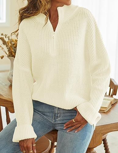 MEROKEETY Women's 2023 Long Sleeve Chunky Knit Sweaters 1/4 Zip Polo V Neck Casual Pullover Tops,Beige,M