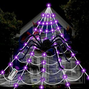sixvala halloween decorations, 16.4ft halloween spider web with 135 led purple lights & 6.6ft giant spider & 30 small spiders & 60g stretch cobweb, remote control with 8 modes for yard halloween décor