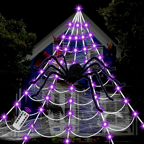 SIXVALA Halloween Decorations, 16.4Ft Halloween Spider Web with 135 LED Purple Lights & 6.6Ft Giant Spider & 30 Small Spiders & 60g Stretch Cobweb, Remote Control with 8 Modes for Yard Halloween Décor