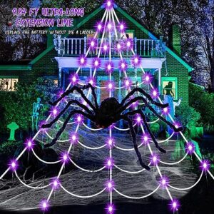 SIXVALA Halloween Decorations, 16.4Ft Halloween Spider Web with 135 LED Purple Lights & 6.6Ft Giant Spider & 30 Small Spiders & 60g Stretch Cobweb, Remote Control with 8 Modes for Yard Halloween Décor