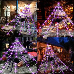 SIXVALA Halloween Decorations, 16.4Ft Halloween Spider Web with 135 LED Purple Lights & 6.6Ft Giant Spider & 30 Small Spiders & 60g Stretch Cobweb, Remote Control with 8 Modes for Yard Halloween Décor