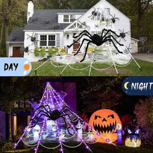 SIXVALA Halloween Decorations, 16.4Ft Halloween Spider Web with 135 LED Purple Lights & 6.6Ft Giant Spider & 30 Small Spiders & 60g Stretch Cobweb, Remote Control with 8 Modes for Yard Halloween Décor