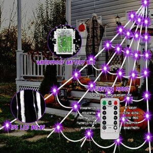 SIXVALA Halloween Decorations, 16.4Ft Halloween Spider Web with 135 LED Purple Lights & 6.6Ft Giant Spider & 30 Small Spiders & 60g Stretch Cobweb, Remote Control with 8 Modes for Yard Halloween Décor