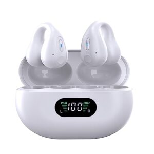 qlxaqlx clip bone conduction headphones clip-on wireless earbuds built-in mic sweat resistant noise cancelling earphones open ear design earphones headset for cycling driving led display (white)