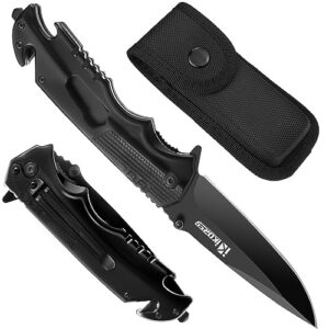 ikores pocket knife for men, 4 inch multitool folding knife with nylon sheath and pocket clip, bottle opener, glass breaker, seatbelt cutter and wrench, black