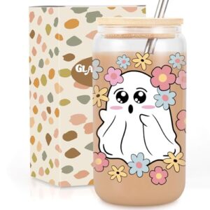 gspy halloween ghost iced coffee glass cups, 16oz cute floral ghost can shaped glass cups with lids and straws, halloween gifts, spooky halloween tumbler mug for women girls
