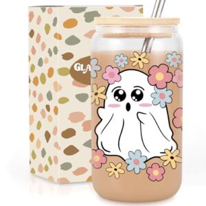 GSPY Halloween Ghost Iced Coffee Glass Cups, 16oz Cute Floral Ghost Can Shaped Glass Cups with Lids and Straws, Halloween Gifts, Spooky Halloween Tumbler Mug for Women Girls