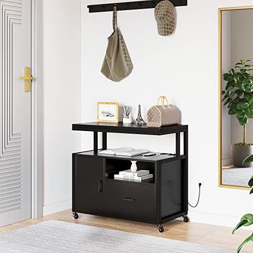 YITAHOME Wood File Cabinet with Charging Station, Rolling Filing Cabinet Cart with Door, Industrial Nightstand with Printer Shelf for Home Office, Bedroom, Living Room, Entryway, Black