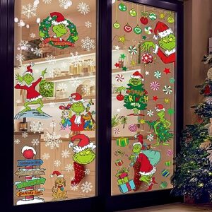 100 PCS Christmas Window Clings - Christmas Window Clings for Glass Windows,Christmas Elf Faces Window Stickers with Snowflake,Double Sided Static Window Clings for Christmas Window Decals(9 Sheets)