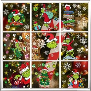 100 PCS Christmas Window Clings - Christmas Window Clings for Glass Windows,Christmas Elf Faces Window Stickers with Snowflake,Double Sided Static Window Clings for Christmas Window Decals(9 Sheets)