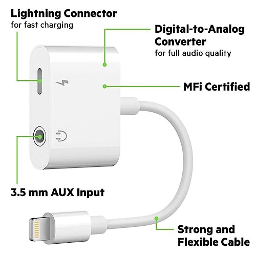 2 Pack Headphone Adapter for iPhone, [Apple MFi Certified] 2 in 1 Lightning to 3.5mm AUX Audio + Charger Splitter Compatible with iPhone 14/13/12/11/XS/XR/X 8/iPad, Support All iOS System