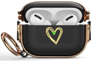 aiiko airpod pro 2nd/1st generation case with lock, airpods pro case with keychain golden heart pattern shockproof protective cover for girls women compatible apple airpods pro 2 / pro 1 gen-black