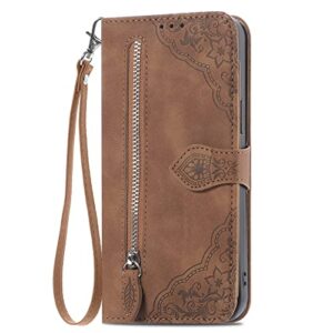 onv wallet case for oppo realme 7 pro - with zipper wrist strap emboss flower flip phone case card slot magnet leather shell flip stand cover for oppo realme 7 pro[szy] -brown