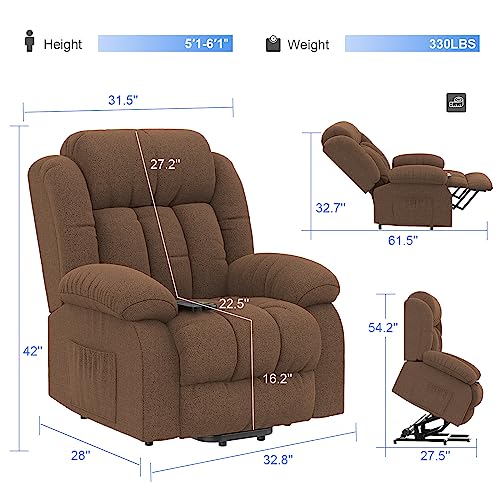 YONISEE Power Lift Chairs Recliner for Elderly with Massage and Heat - Heavy Duty Extra High Backrest Reclining Chair for Tall, Overstuffed Fabric Cozy Sofa with 2 Side Pocket, Dark Brown