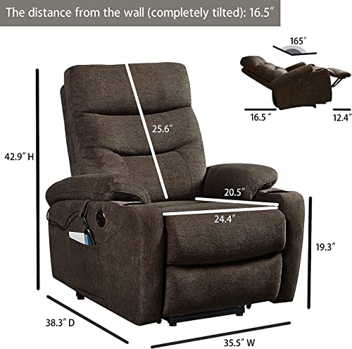 THIHOME Electric Power Lift Recliner Chair Sofa with Massage and Heat for Elderly, 3 Positions, 2 Side Pockets and Cup Holders, USB Ports, High-end Quality Fabric for Home Living Room Bedroom, Brown