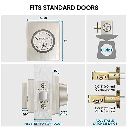 TICONN Front Door Handle Set, Heavy Duty Square Door Lever & Single Cylinder Deadbolt Combo Reversible for Entrance Exterior Doors (Deadbolt Only)