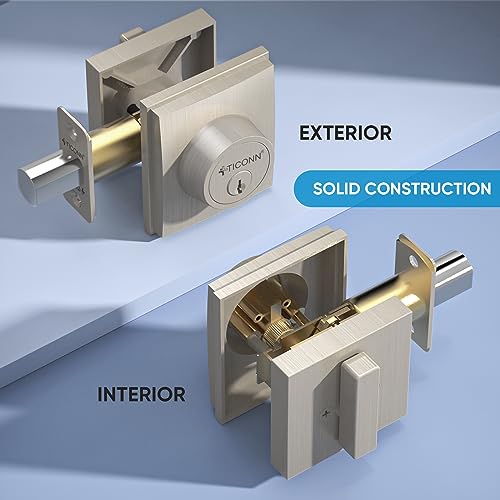 TICONN Front Door Handle Set, Heavy Duty Square Door Lever & Single Cylinder Deadbolt Combo Reversible for Entrance Exterior Doors (Deadbolt Only)