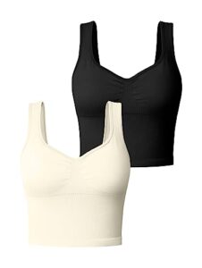 oqq women's 2 piece tank shirt seamless workout exercise padded sports yoga crop bra, black,beige, large
