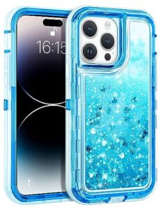 wollony for iphone 14 pro max case glitter floating liquid shiny quicksand case for women girls heavy duty shockproof protective case hard pc bumper soft tpu cover for iphone 14 pro max 6.7'' blue