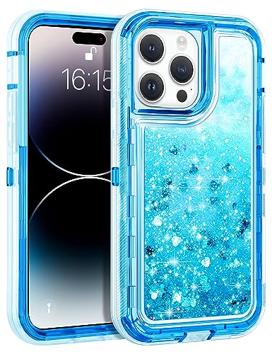 WOLLONY for iPhone 14 Pro Max Case Glitter Floating Liquid Shiny Quicksand Case for Women Girls Heavy Duty Shockproof Protective Case Hard PC Bumper Soft TPU Cover for iPhone 14 Pro Max 6.7'' Blue