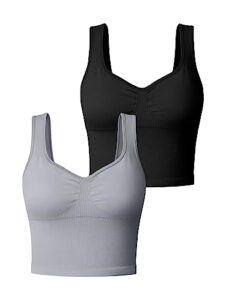 oqq women's 2 piece tank shirt seamless workout exercise padded sports yoga crop bra, black,grey, medium