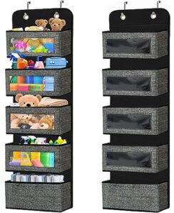 veronly over door hanging organizer storage with 5 pockets, wall mount storage with clear windows, 2 widened metal hooks behind door storage organizer for pantry, nursery, diapers, closet, dorm(black)
