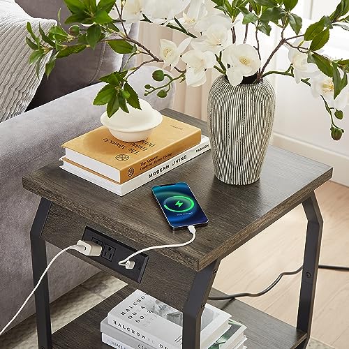 Anwick End Table with Charging Station Set of 2 Side Table with USB Ports and Outlets, Nightstand with Storage, Bedside Tables for Small Spaces, Sofa Side Tables for Living Room Bedroom(Grey)