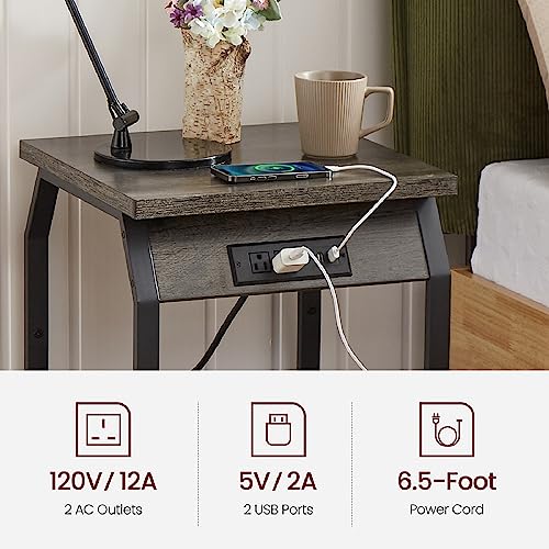 Anwick End Table with Charging Station Set of 2 Side Table with USB Ports and Outlets, Nightstand with Storage, Bedside Tables for Small Spaces, Sofa Side Tables for Living Room Bedroom(Grey)