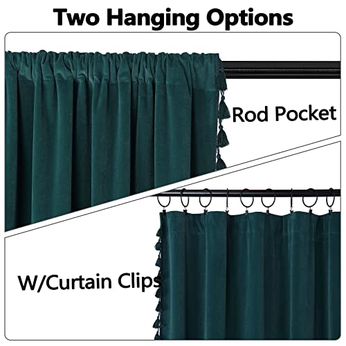 GAOMON Blackout Curtains 63 Inch Length Soft Luxury Velvet Curtains with Tassels Bedroom Decor Thermal Insulated Rod Pocket Blackout Long Curtains Living Room Blackish Green 42''Wx63''L, 2 Panels