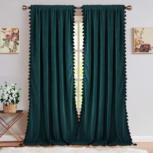 gaomon blackout curtains 63 inch length soft luxury velvet curtains with tassels bedroom decor thermal insulated rod pocket blackout long curtains living room blackish green 42''wx63''l, 2 panels